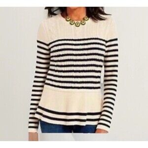 TALBOTS Petites Womens Peplum Cable Knit Ivory Navy Striped Sweater Size PM NWT
